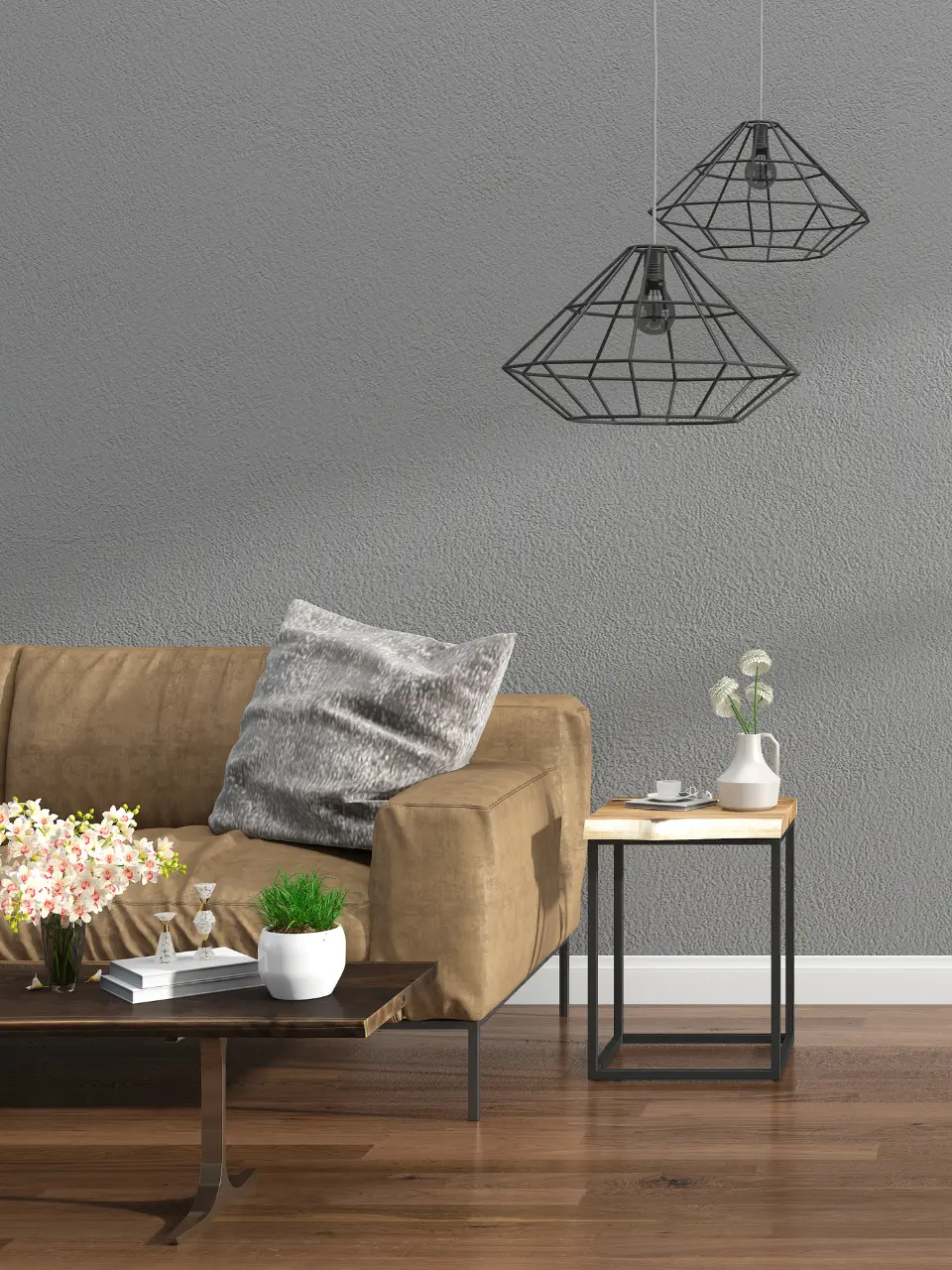 2-dining-living Cut section of living room, featuring sofa, side table, coffee table and hanging lights